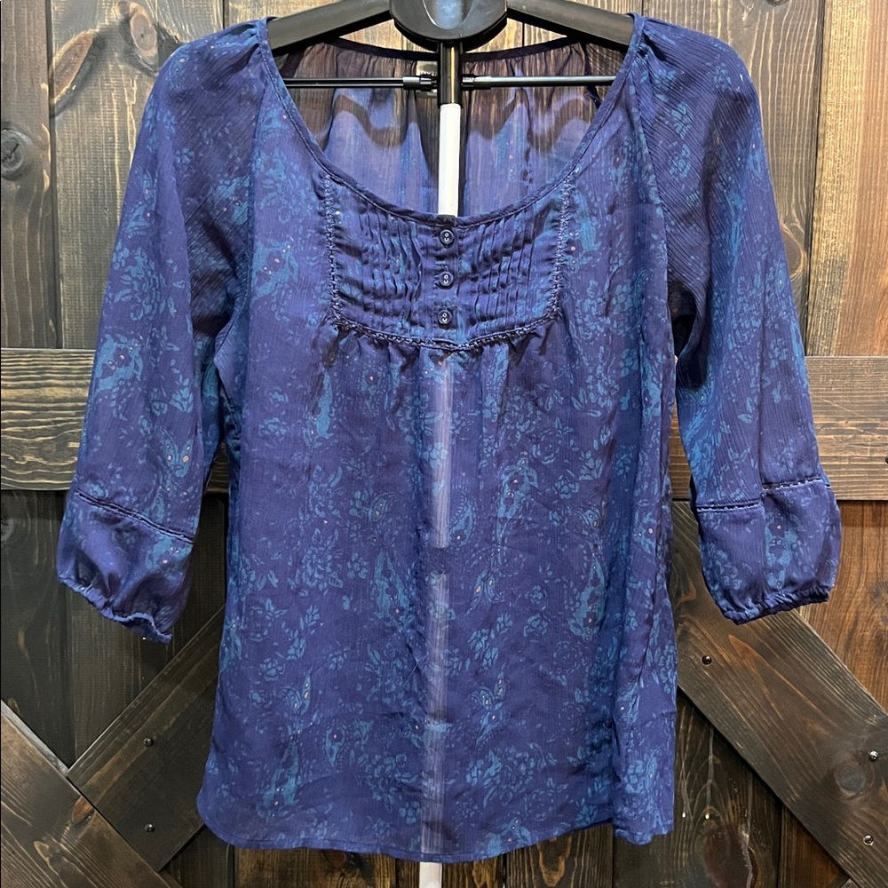 Inked & Faded Pleated Top XL Blue Peasant Elastic Hem Sleeve Boho Floral Paisley